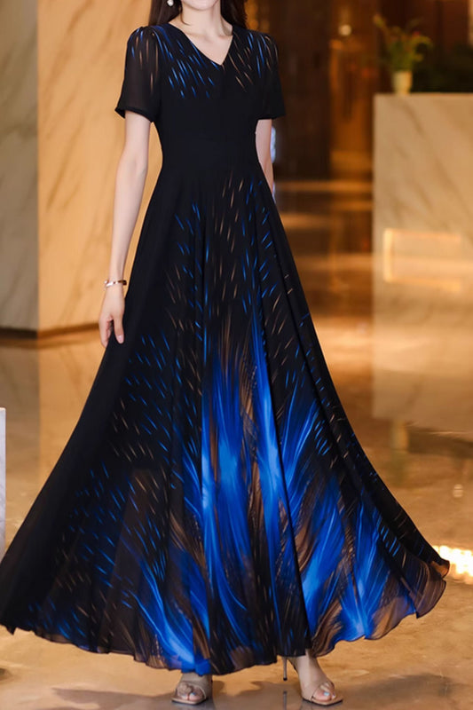 V neck printed summer chiffon dresses 4986