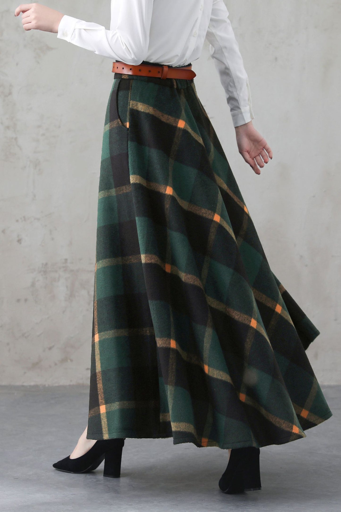 Handmade Forest Green Plaid Wool Maxi Skirt – Vintage High Waist A-line Winter Elegance 5274