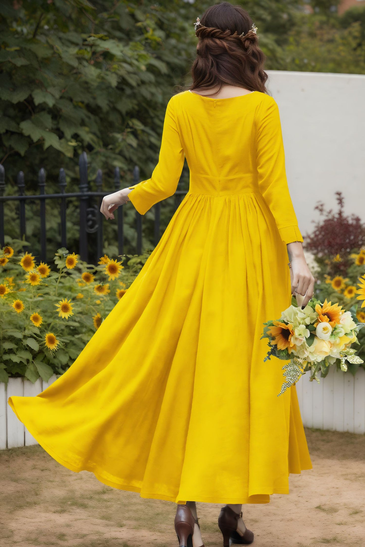 Yellow Linen Blend Dress - Long Sleeve Ankle | Xiaolizi 6719