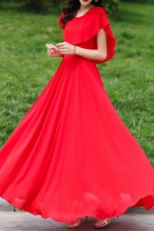 Fit and flare red prom chiffon dress with cape 5029