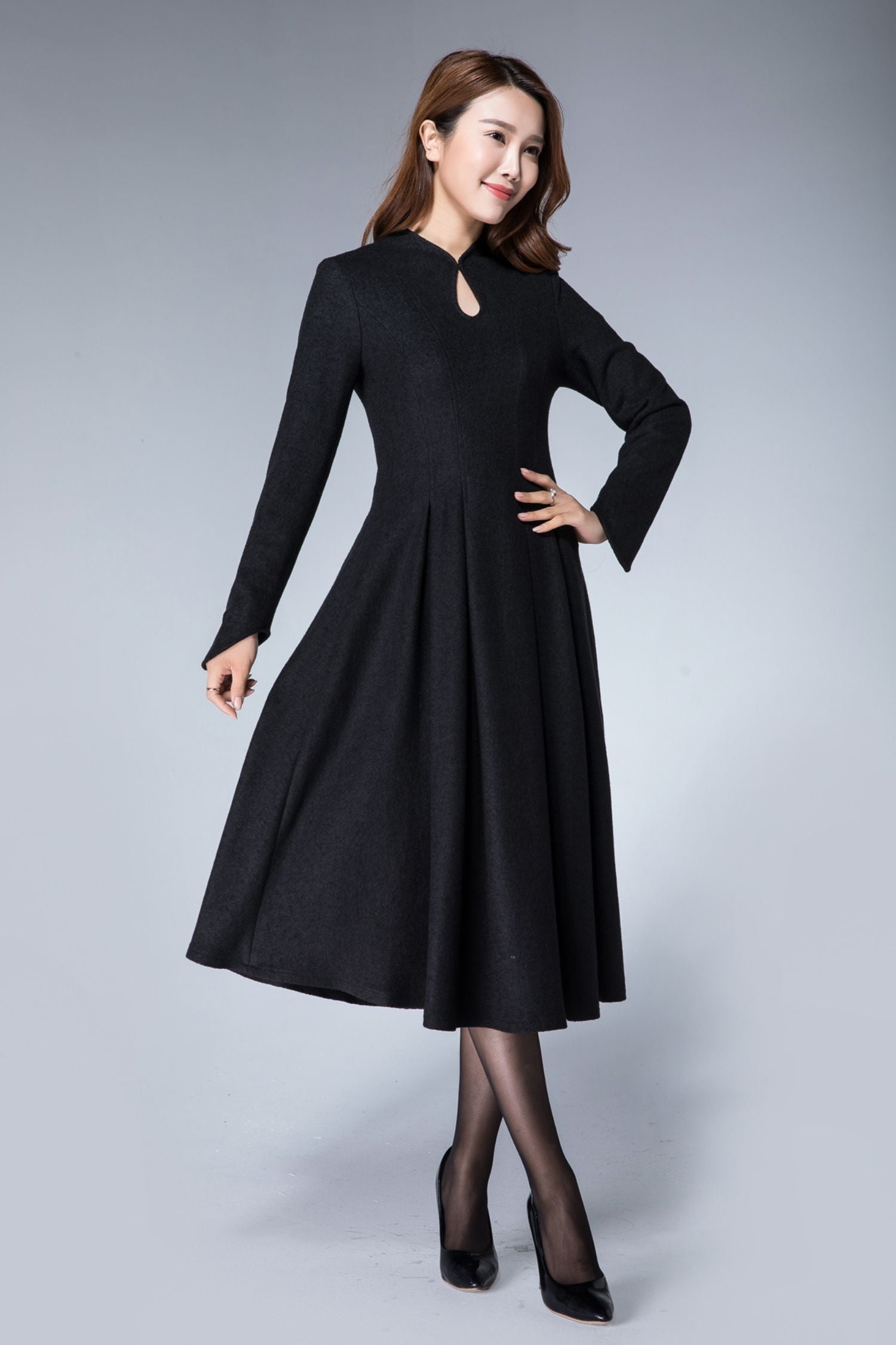 Handmade Women's Elegant Black Wool Midi Dress - Long Sleeve Winter A- Xiaolizi Handmade Women's Elegant Black Wool Midi Dress - Long Sleeve Winter A- Xiaolizi