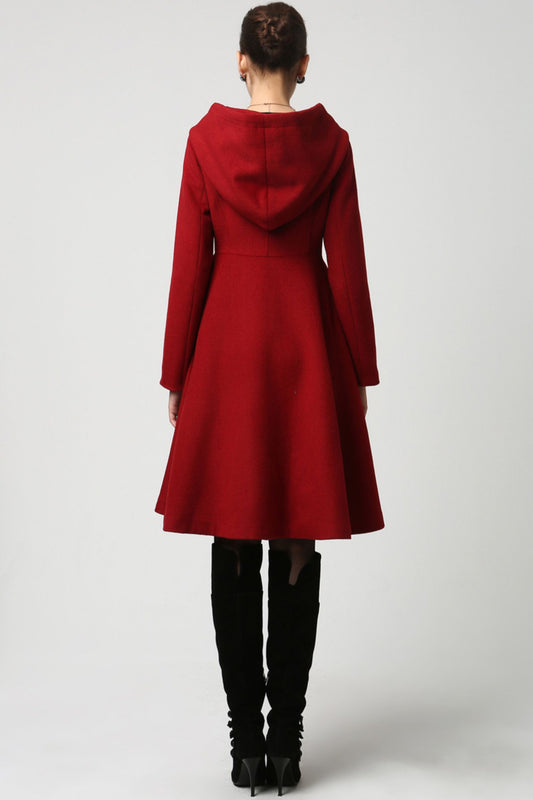 Dark Red Hooded Wool Coat – Vintage Fit and Flare Winter Overcoat 1117