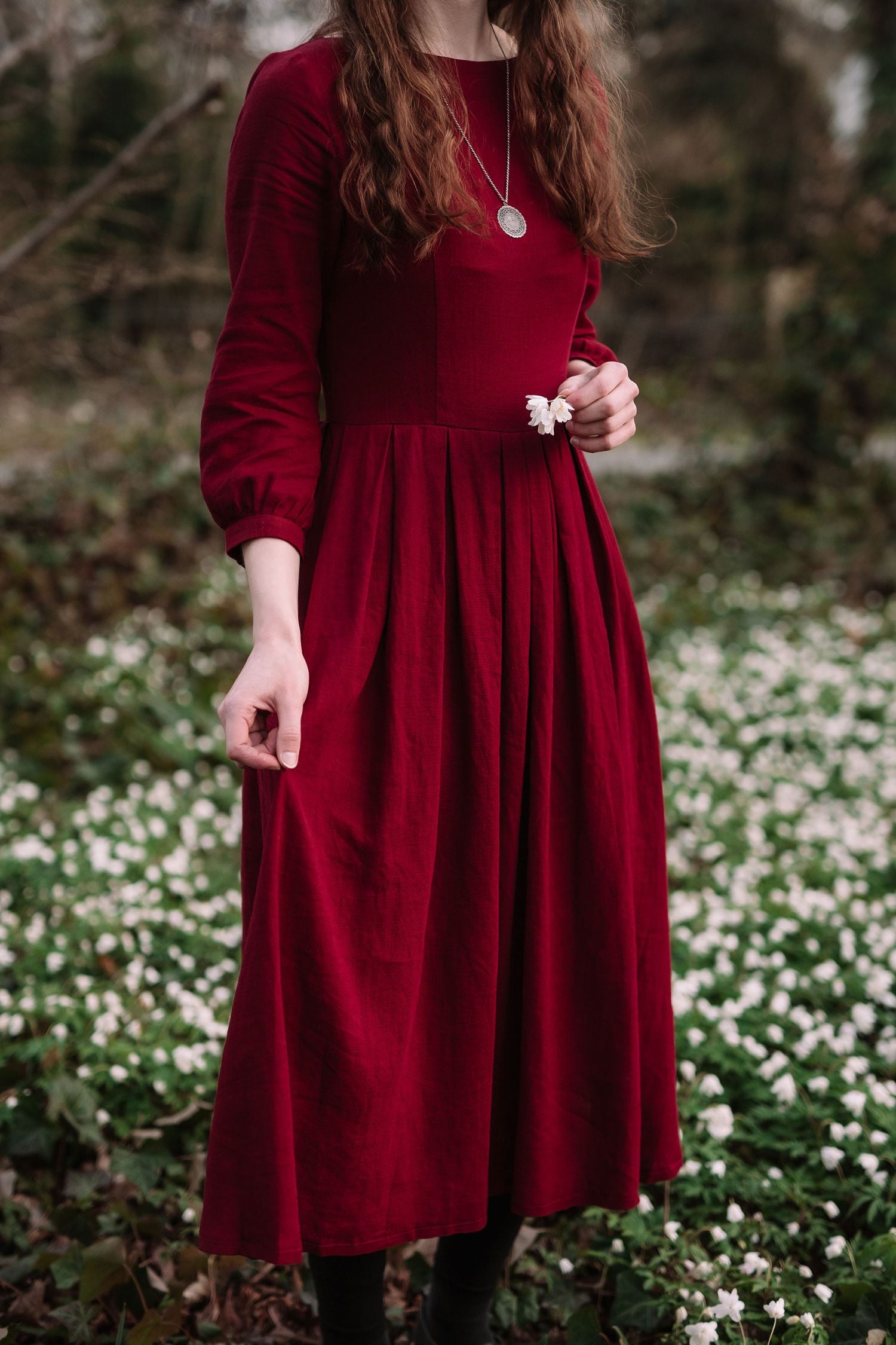 Wine Red Linen Midi Dress Handmade Vintage Elegance 3423 Red / S Wine Red Linen Midi Dress Handmade Vintage Elegance 3423 Red / S
