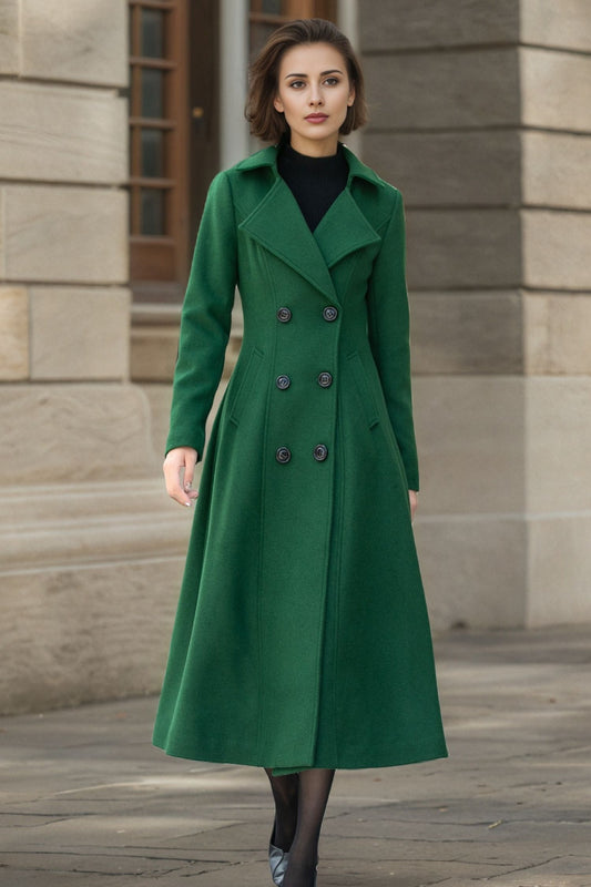 Double Breasted Wool Coat – Elegant Green Winter Overcoat for Women 6298