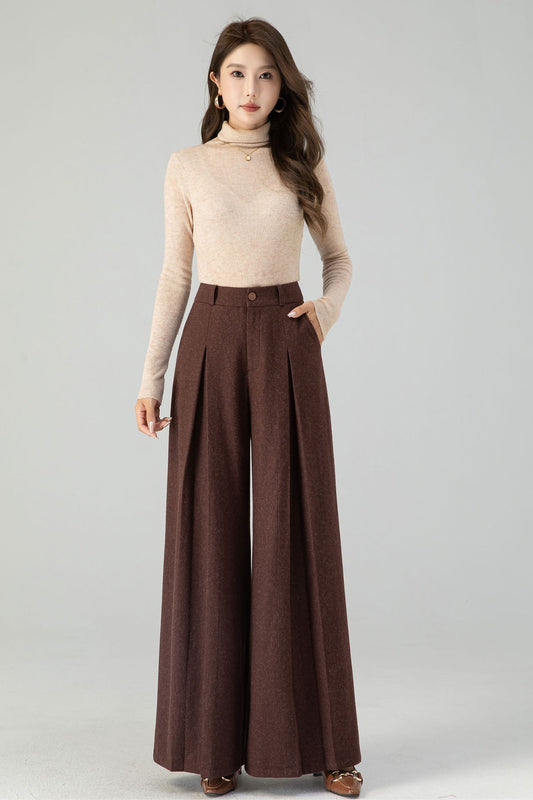Brown Wool Blend Wide Leg Pants – Handmade High Waisted Winter Elegance 4554