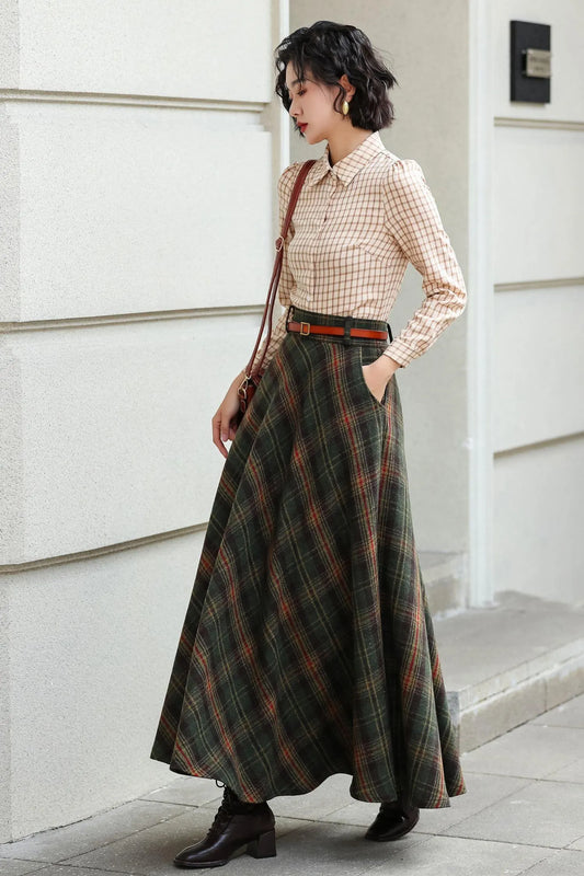 Army Green Plaid Linen Cotton Blend A-Line Skirt Ankle Length Vintage 6979