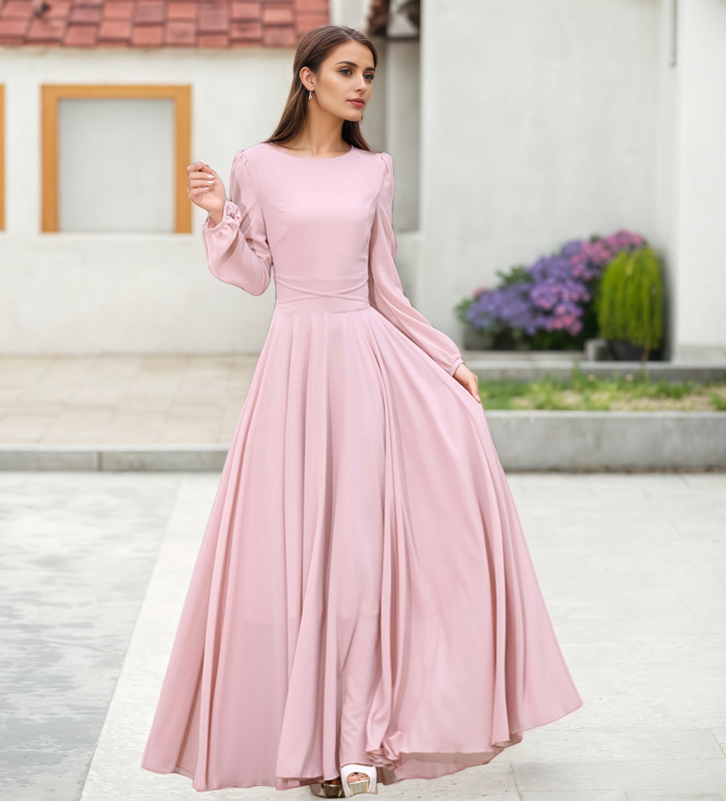 Pink Chiffon Maxi Dress with Long Sleeve Swing Silhouette – Xiaolizi