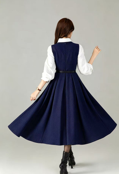 Blue Wool Blend Fit and Flare Dress - V-Neck Sleeveless 6917