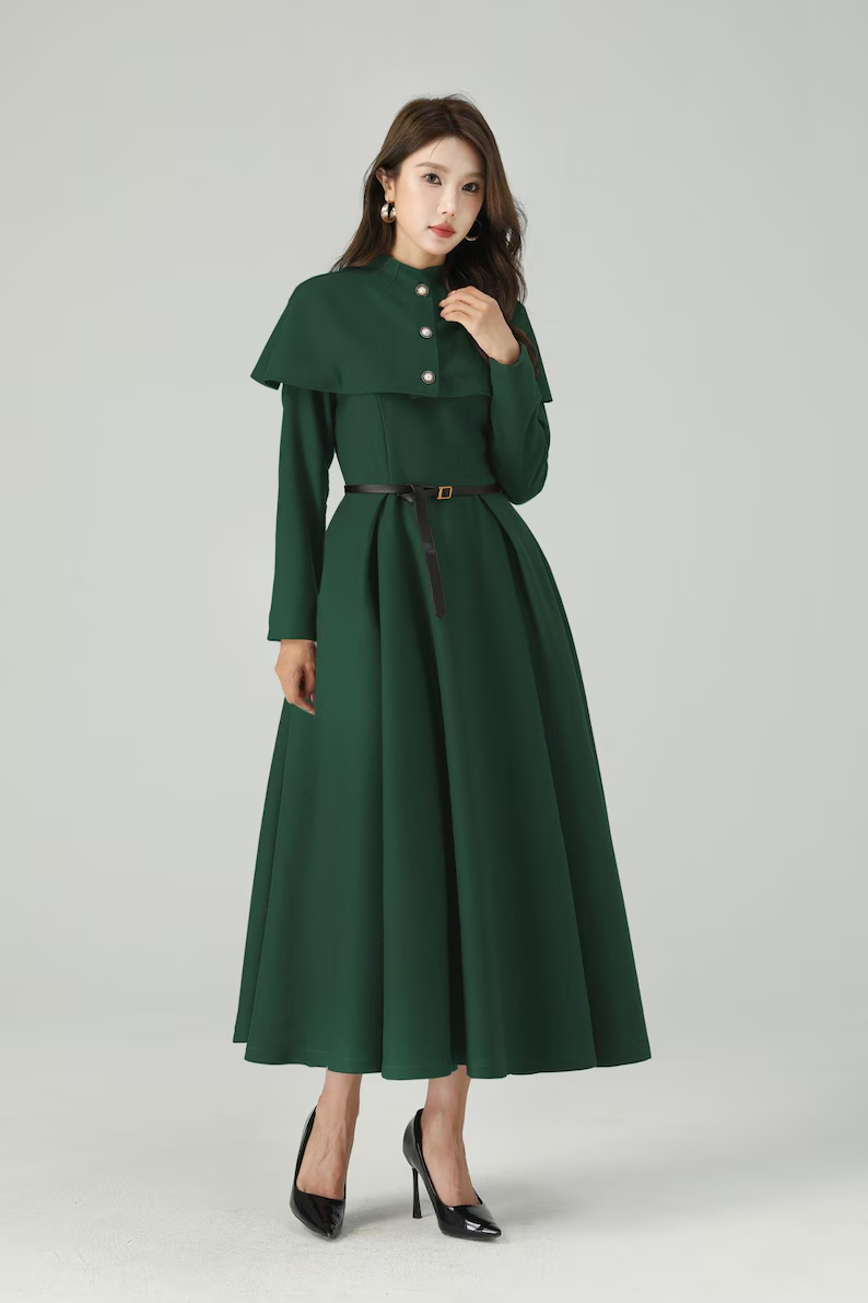 long swing wool cape dress women 4560 green / XL long swing wool cape dress women 4560 green / XL