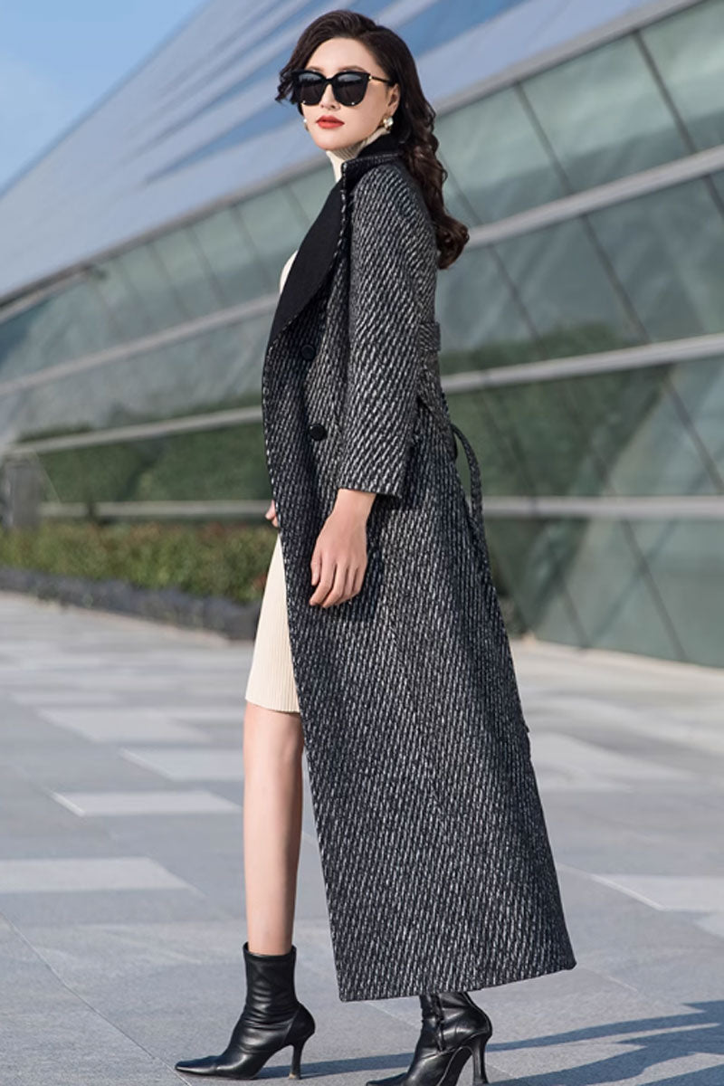 Belted long winter wool coat women 4693