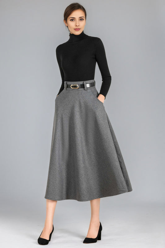 Classic A-Line Skirt in Gray Wool – High-Waist Belted Midi – 6354