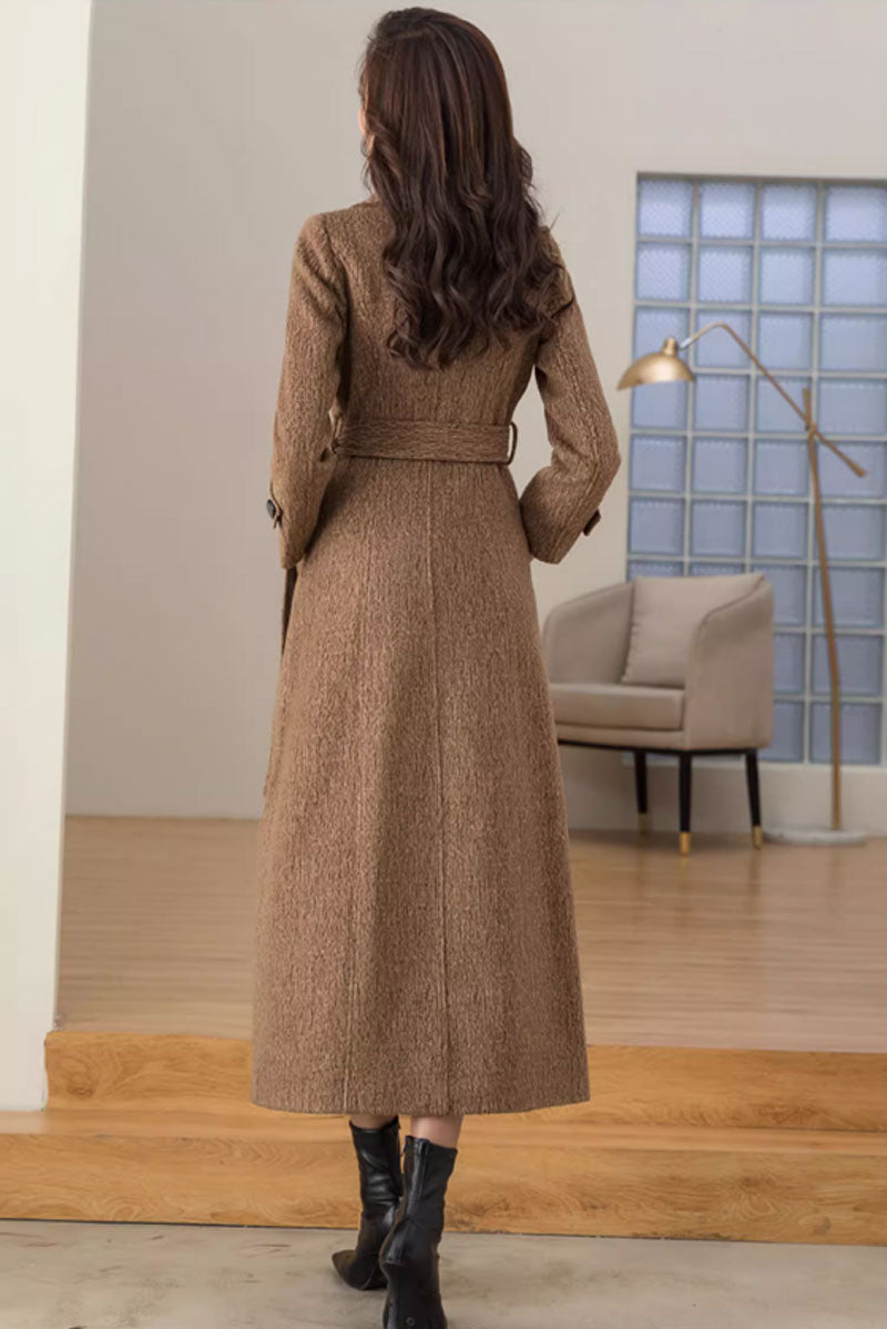 Tie belt winter long wool coat women 4697