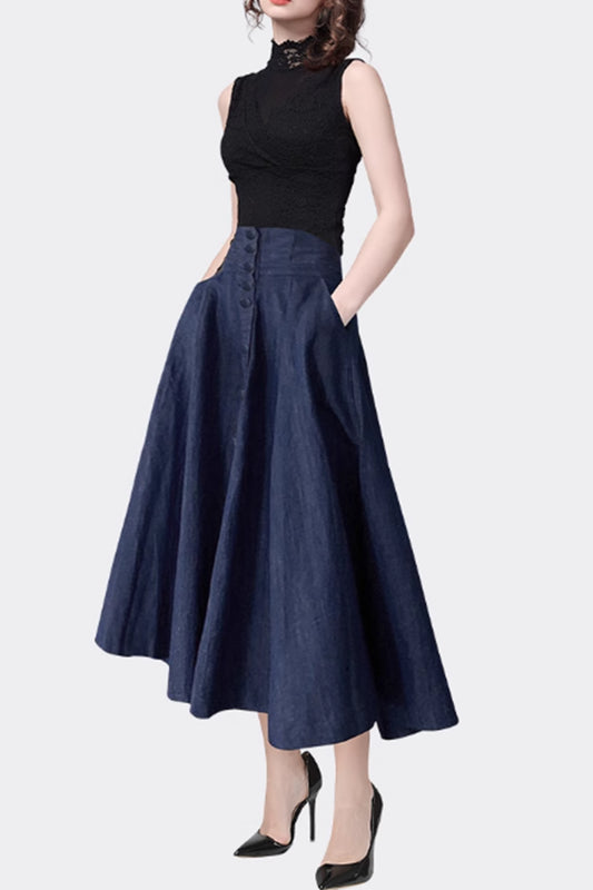Navy Blue Denim Midi Skirt - High Waist A-Line | Xiaolizi 4875