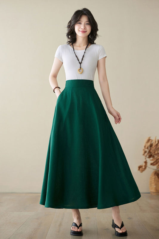 Green Linen Maxi Skirt - A-Line Silhouette with Pockets 4974
