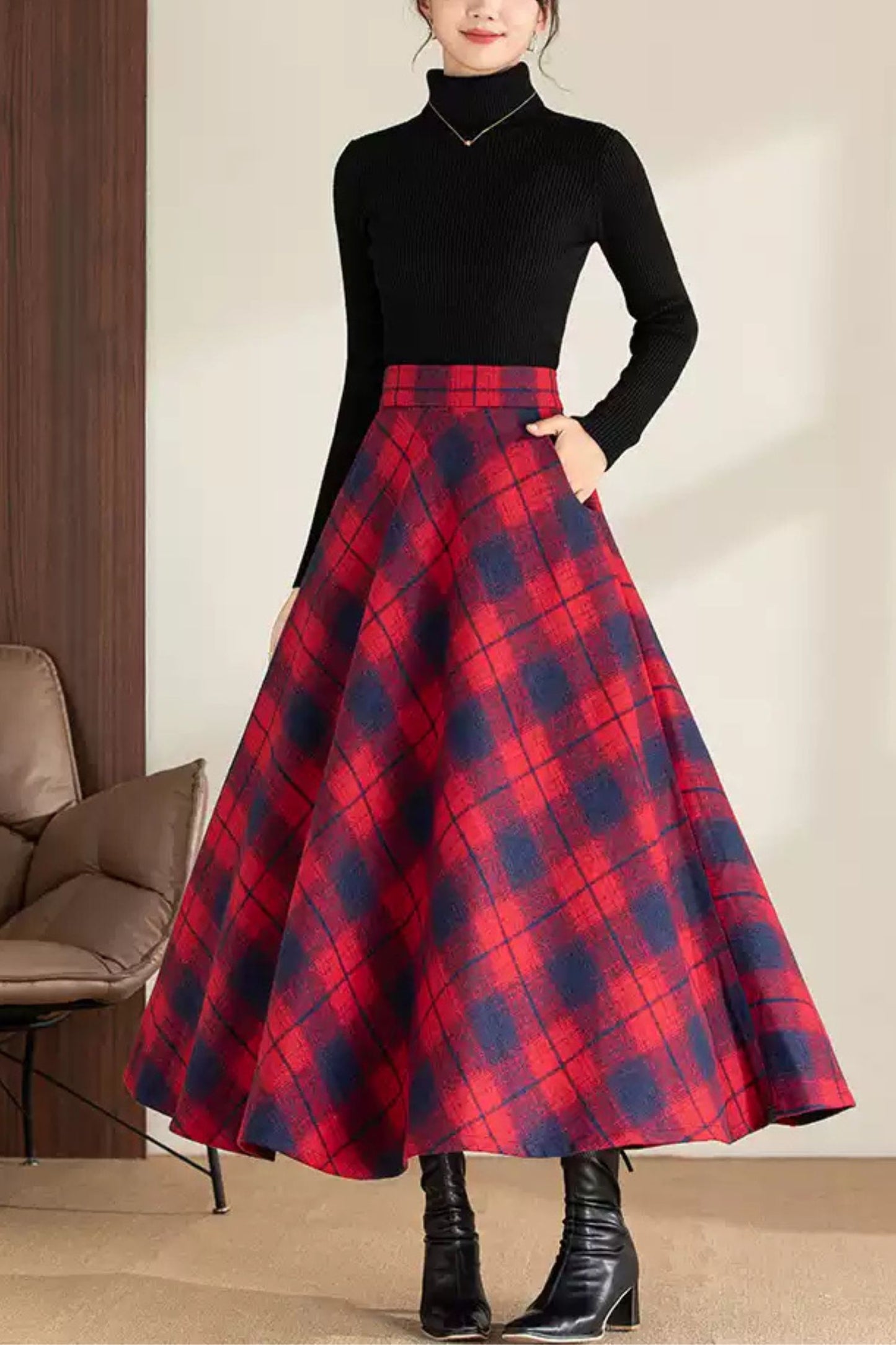 Maxi plaid winter long wool skirt 6200