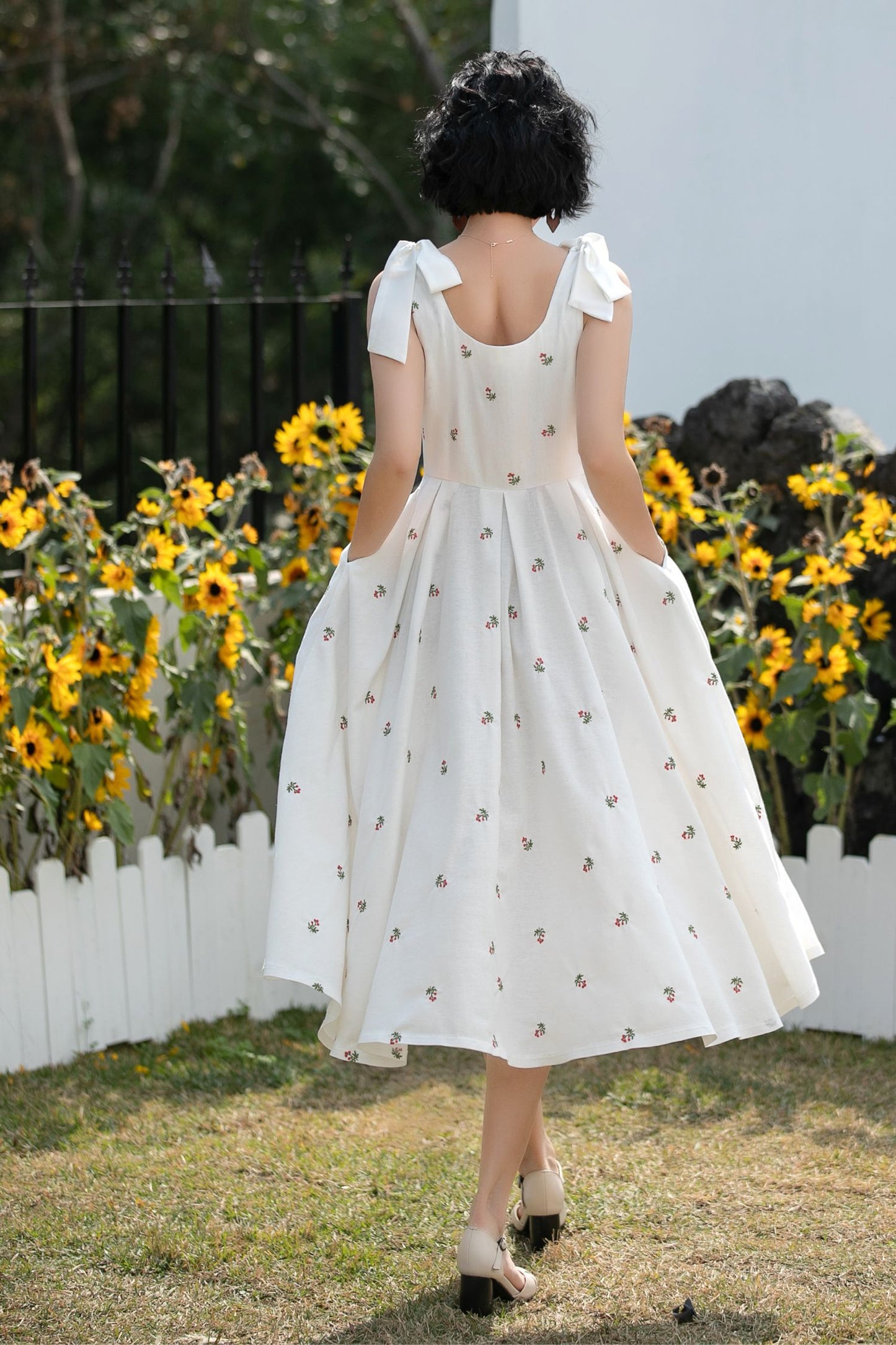 Xiaolizi Vintage Linen Midi Dress – Handmade Square Neck A-Line Summer Dress with Pockets 6685 -size XS #CK2600157