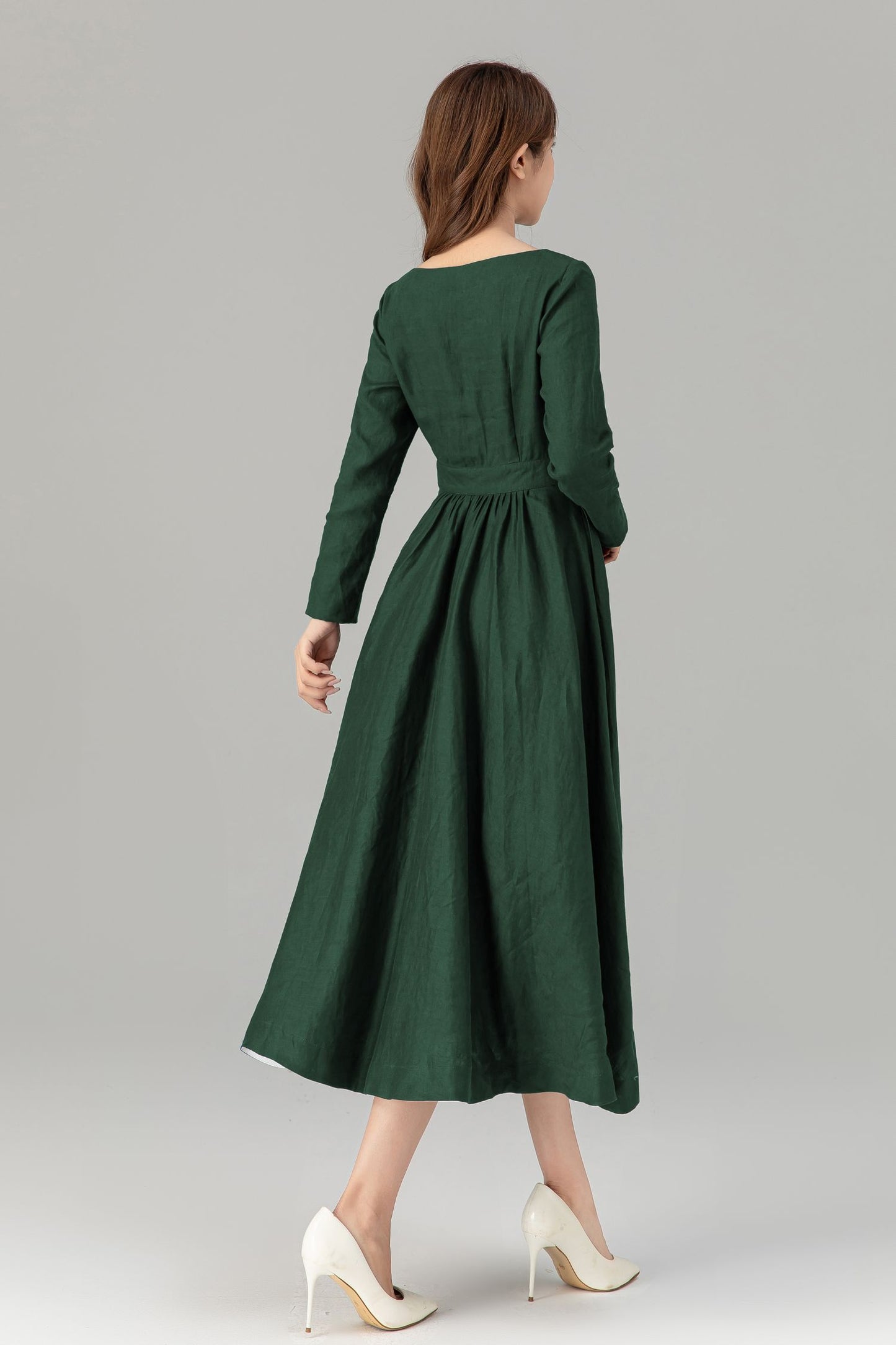 Green Midi linen dress for women 5763