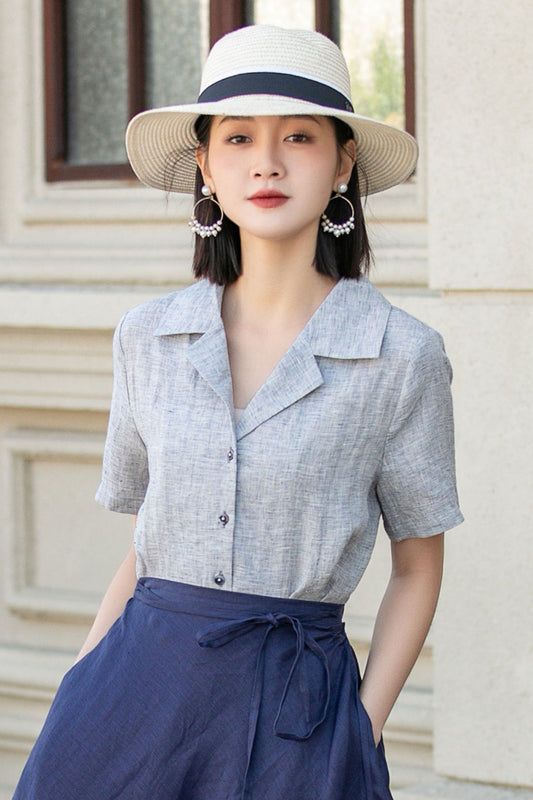Light Grey Linen Blouse - Short Sleeve, Button-Up Shirt 4920