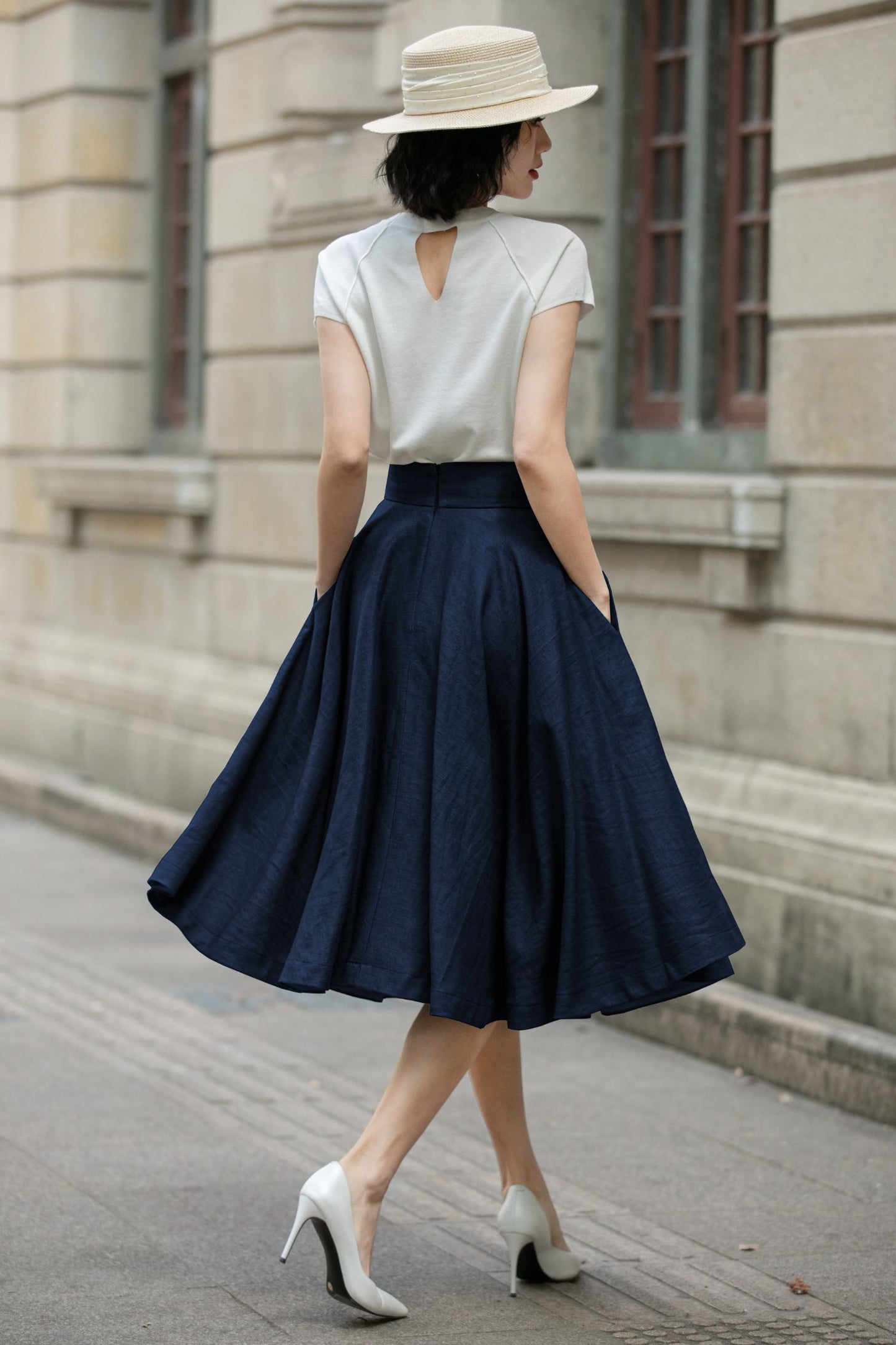 Navy Linen Midi Skirt - High Waist A-Line | Xiaolizi 6751