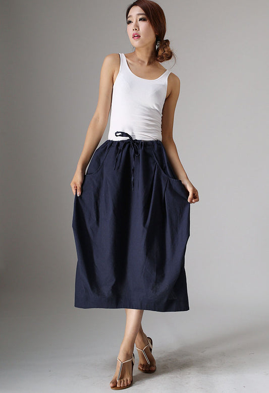 Handmade Linen Cotton Midi Skirt – Drawstring Waist with Big Pockets | Xiaolizi 0983