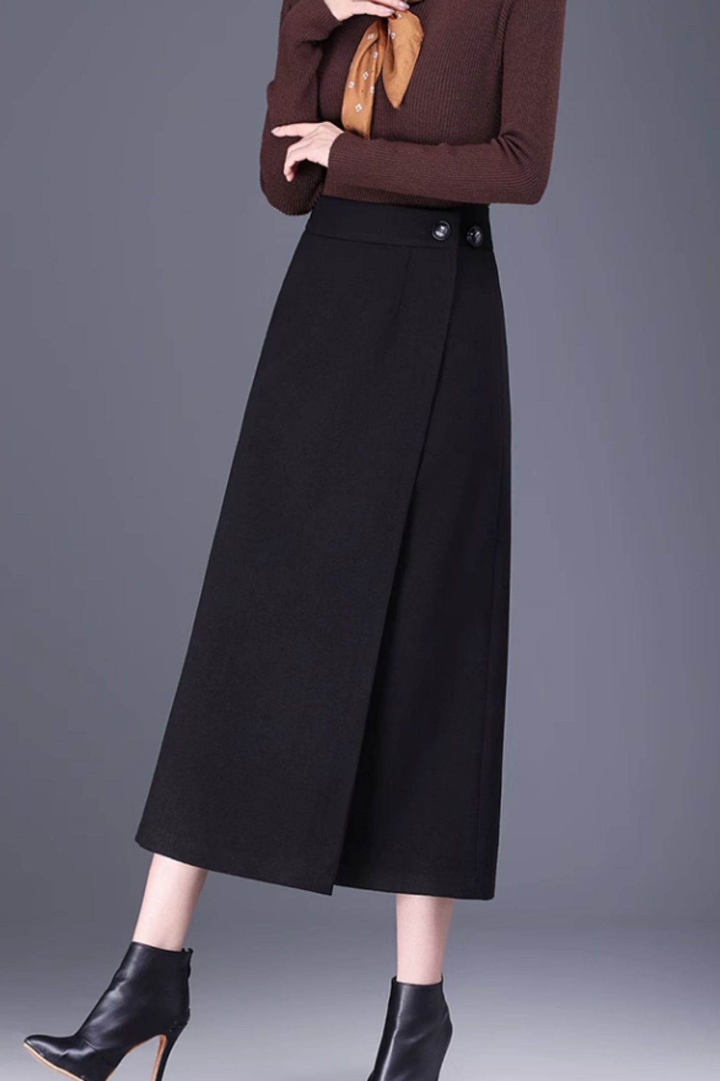 Brown Wool Wrap Midi Skirt - Adjustable Fit, Winter Warmth 6139