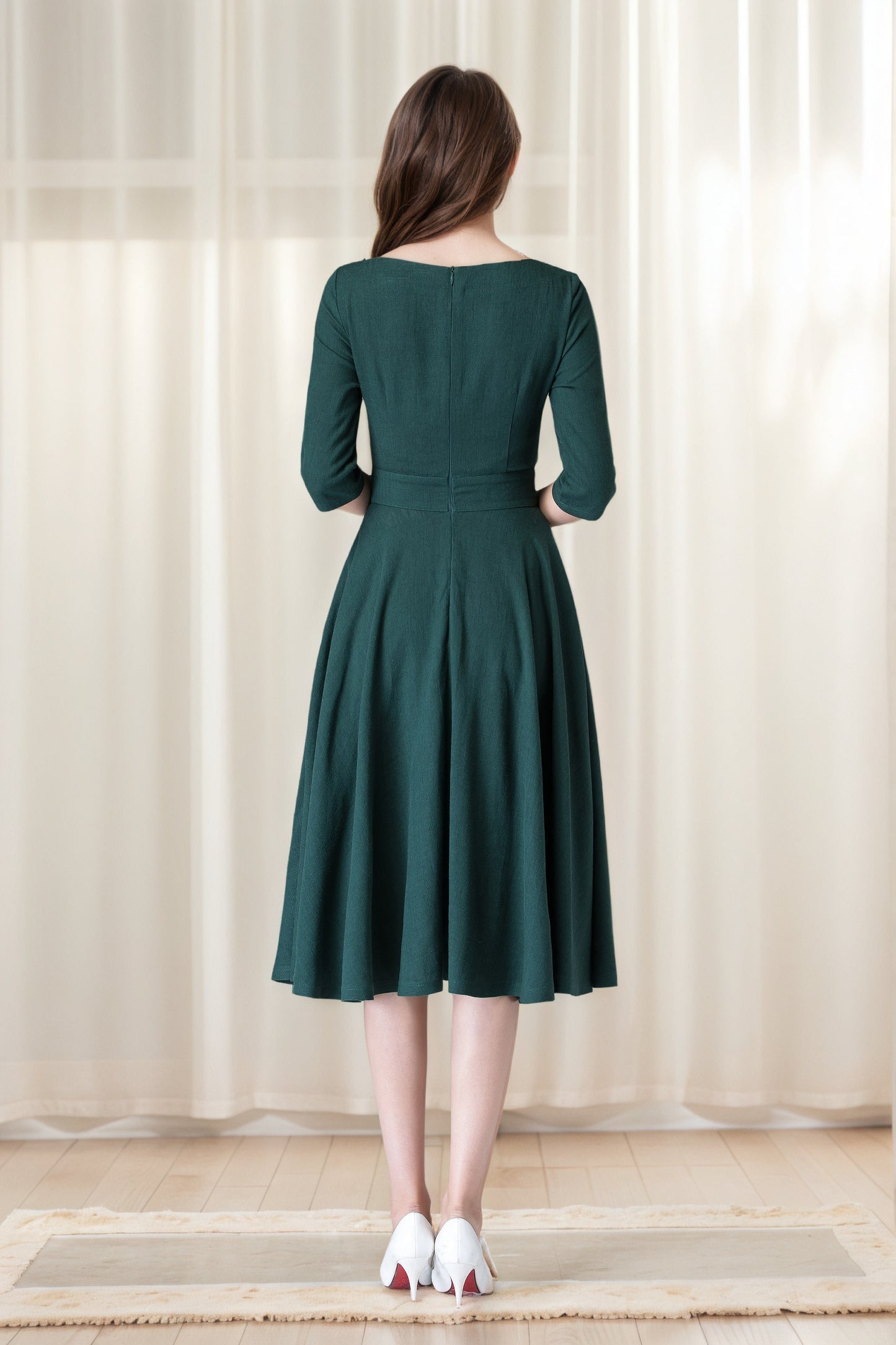 Handmade Dark Green Linen Cotton Midi Dress – Fit & Flare with Pockets 6630