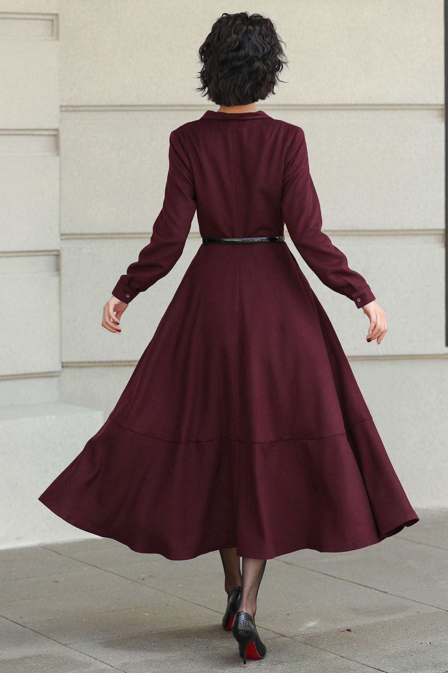 Burgundy Wool Wrap Midi Dress — Elegant Tie‑Waist A‑Line for Office 6512