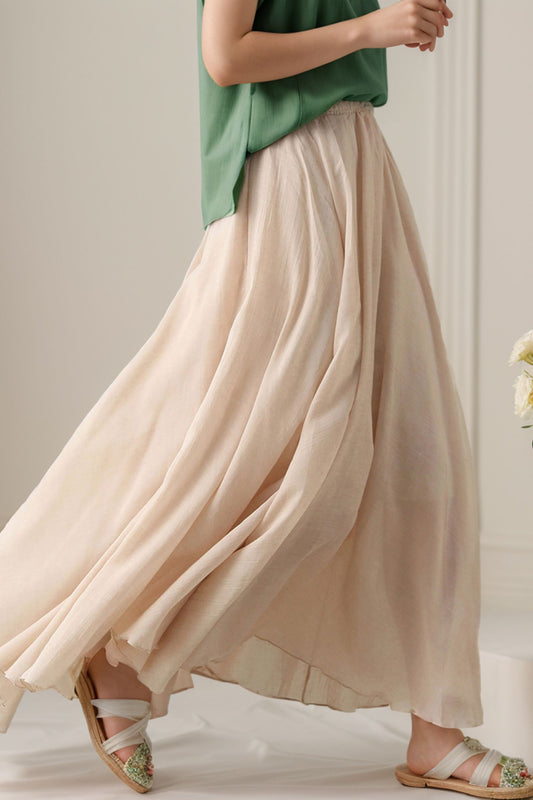 Beige Linen Cotton Maxi Skirt - Circle Swing Pleated | Xiaolizi 5134