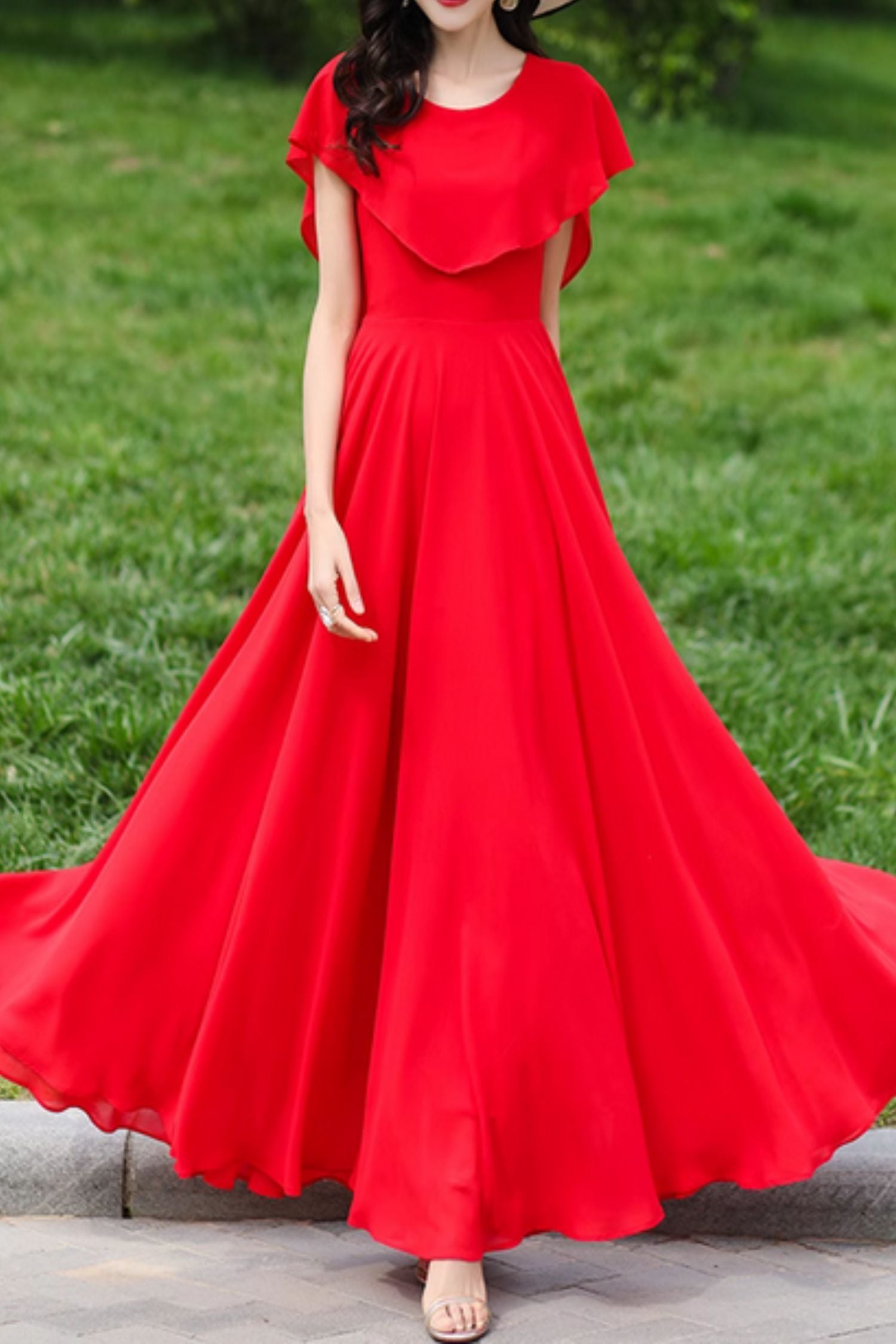Fit and flare red prom chiffon dress with cape 5029 Xiaolizi Fit and flare red prom chiffon dress with cape 5029 Xiaolizi