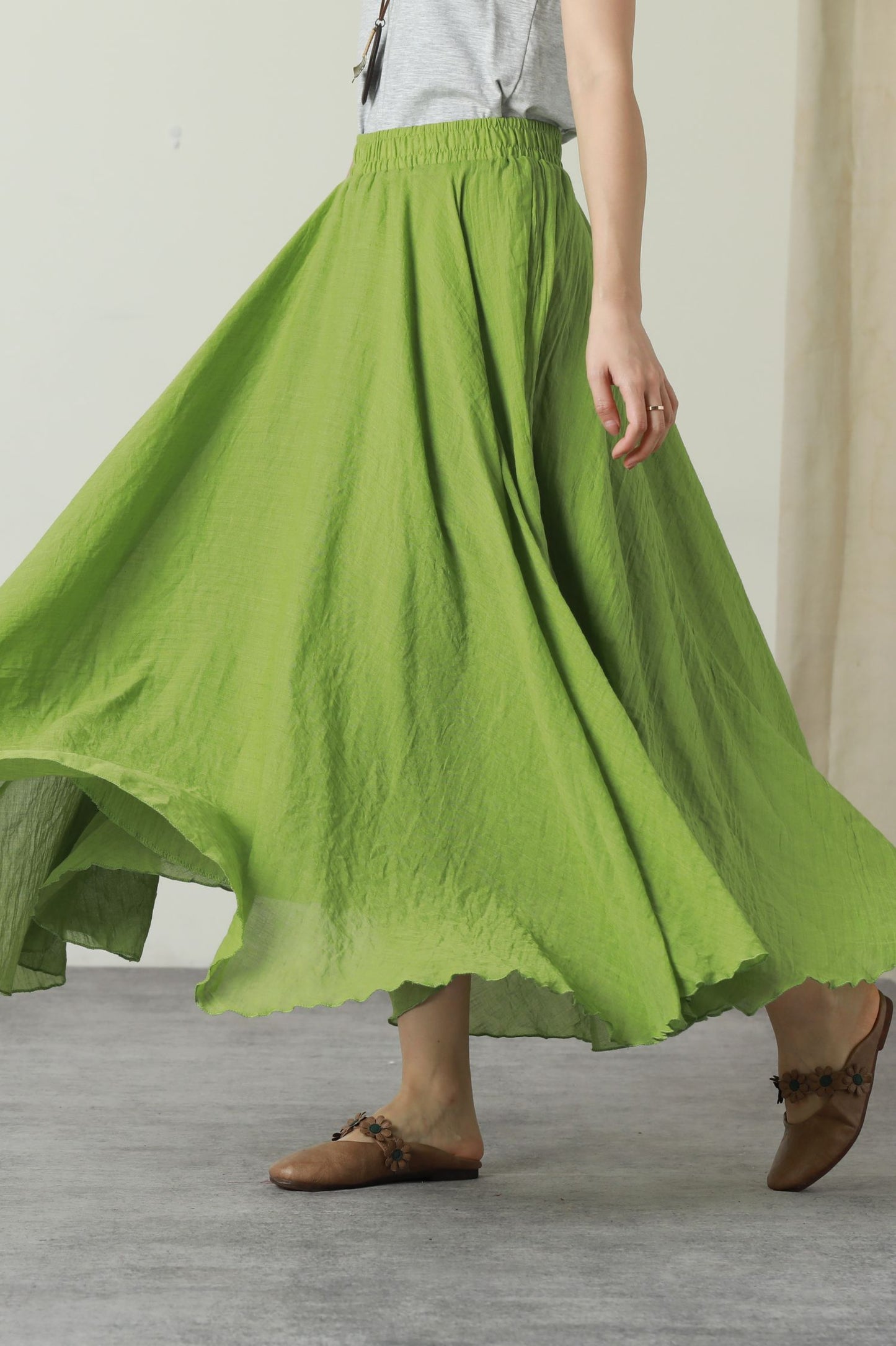 Green summer swing long linen skirt women 6177