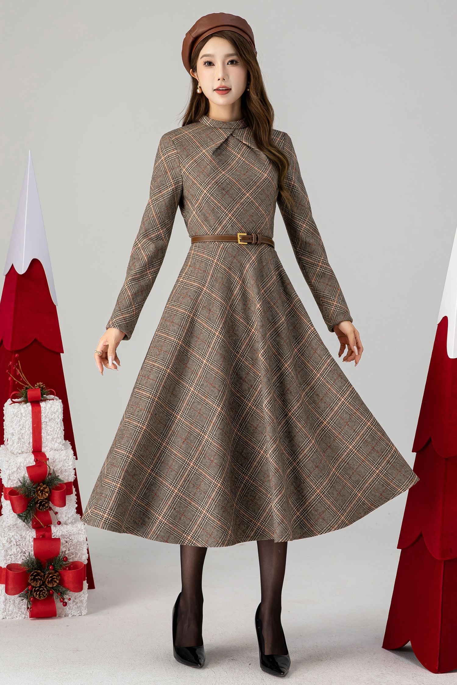 Plaid Wool Swing Dress Vintage Long Sleeve Dress with Bow Tie | Xiaolizi 4616 Plaid / S Plaid Wool Swing Dress Vintage Long Sleeve Dress with Bow Tie | Xiaolizi 4616 Plaid / S