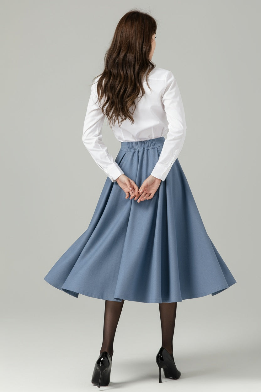 Blue Wool A-Line Midi Swing Skirt – High Waist Winter Skirt with Buttons 6566