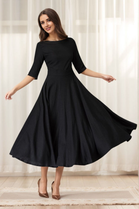 Black Linen Little Black Dress – Handmade Vintage Fit & Flare Midi Dress with Pockets | Xiaolizi 1458