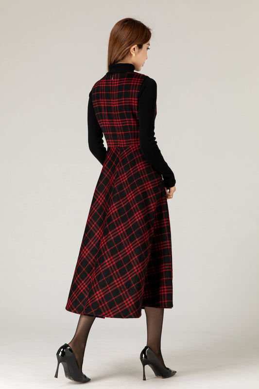 Plaid Wool Midi Dress – Sleeveless Fit and Flare Winter Dress 5478
