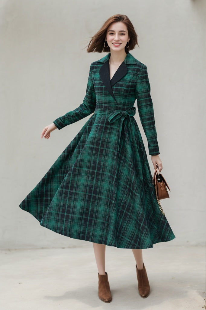 Green Plaid Wool Swing Dress – Vintage Belted Midi Fit Flare 5343