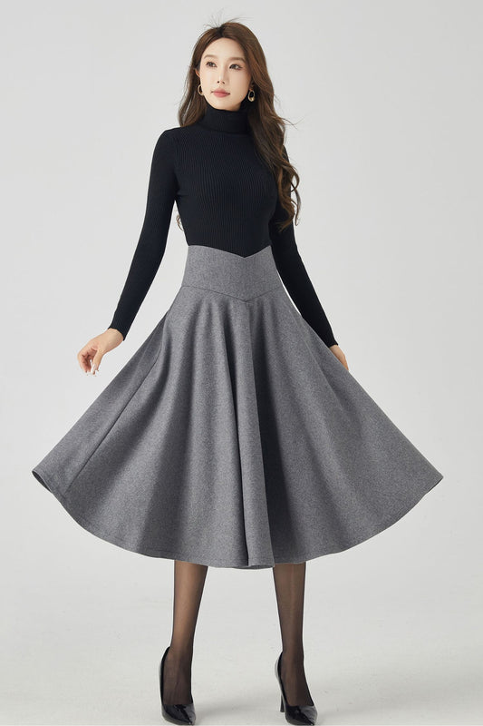 Handmade Deep Gray Wool Midi Skirt – Vintage V-Waist Circle Skirt for Winter Elegance 4534