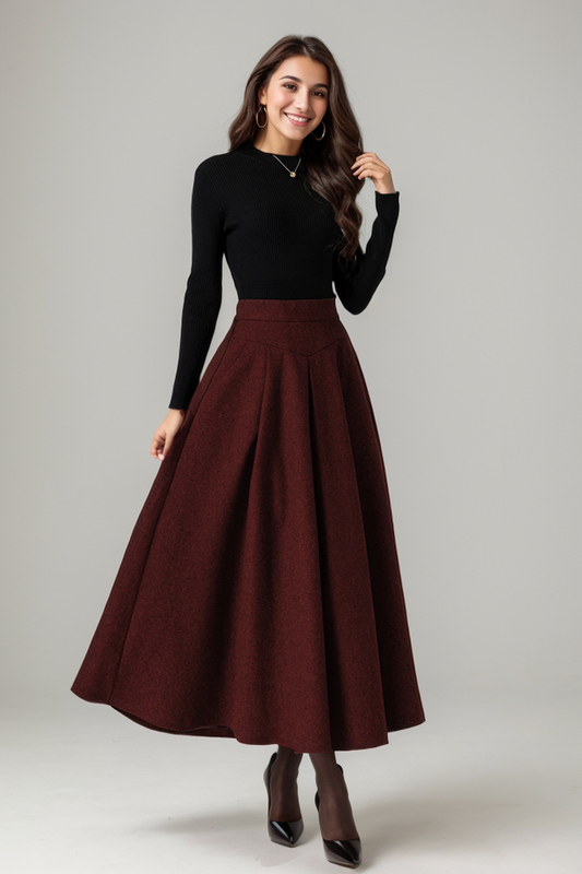 Burgundy Wool Maxi Skirt – Vintage High Waist A-Line Winter Skirt with Pockets 5227