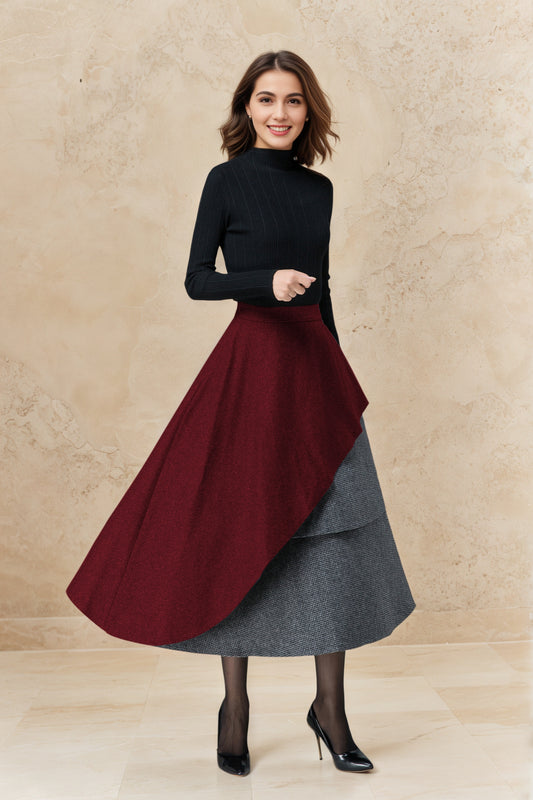 Vintage Wool Maxi Skirt Dark Red – Layered Houndstooth Detail – 6516