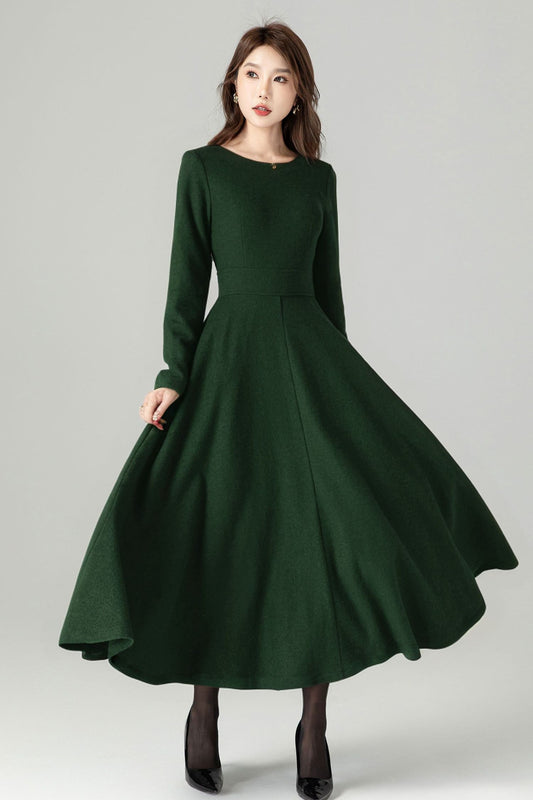Dark Green Wool Dress – Handmade Fit & Flare Winter Maxi with Pockets | Xiaolizi 5231