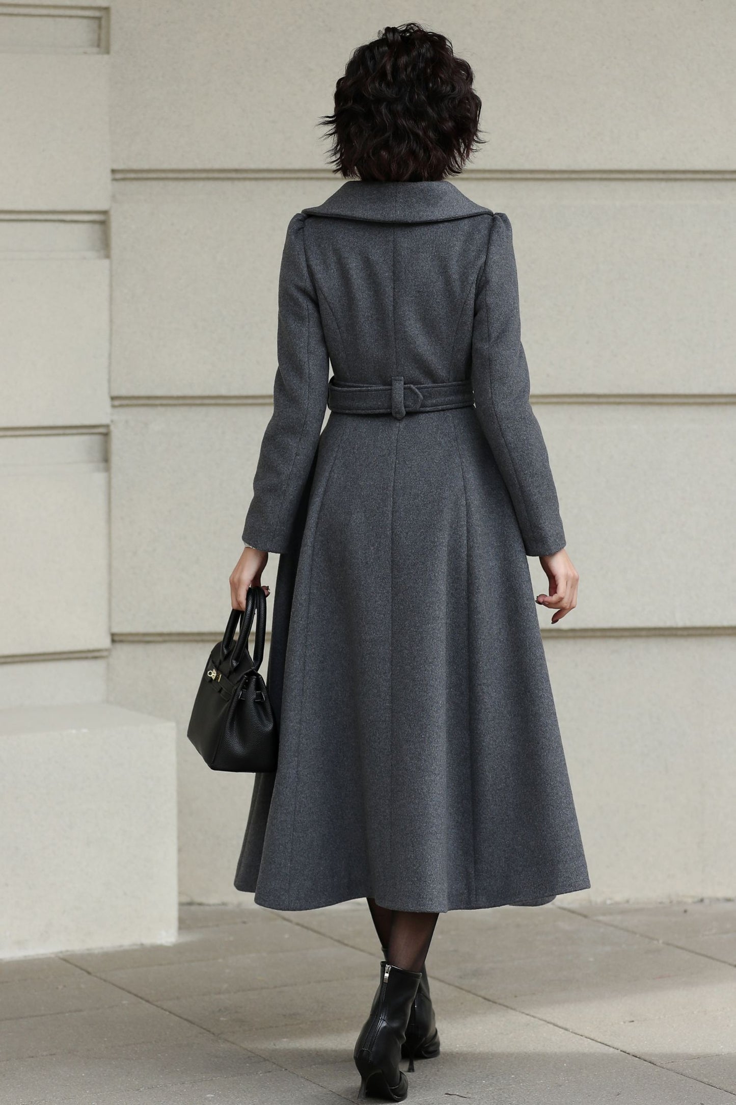 Handmade Vintage Wool Coat – Gray Fit and Flare Belted Midi Winter Coat 6617