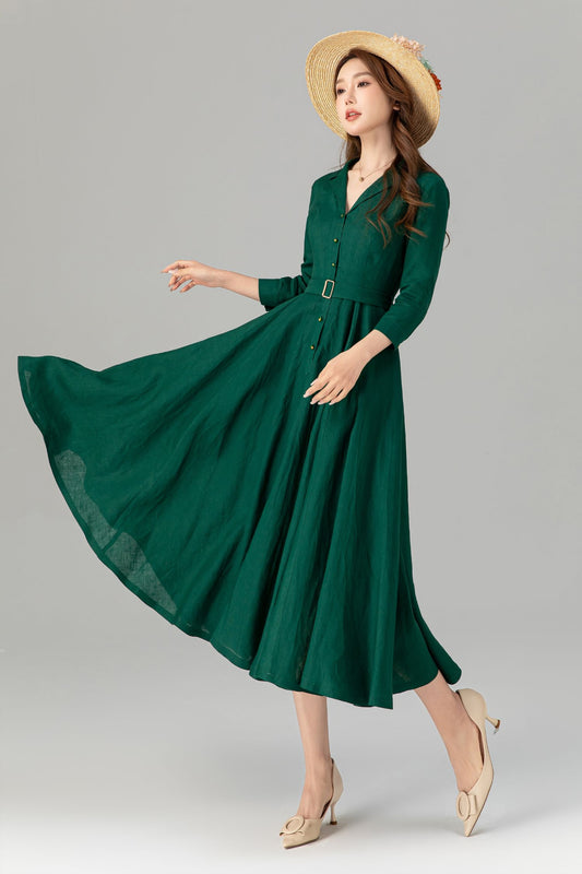 Green Linen Blend Midi Shirt Dress - Fit and Flare with Tie Belt Waist 4909