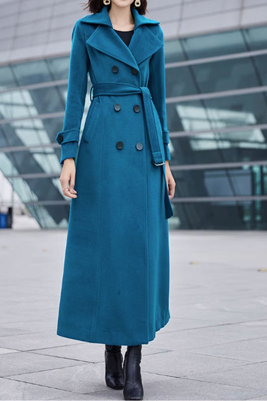 Double breasted wool coat with tie belt waist 4596