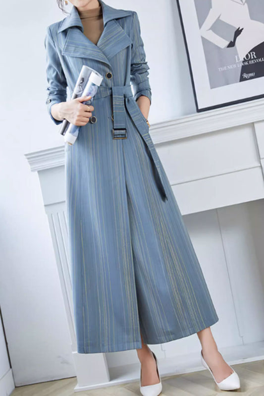 Blue stripled long trench coat autumn 4599