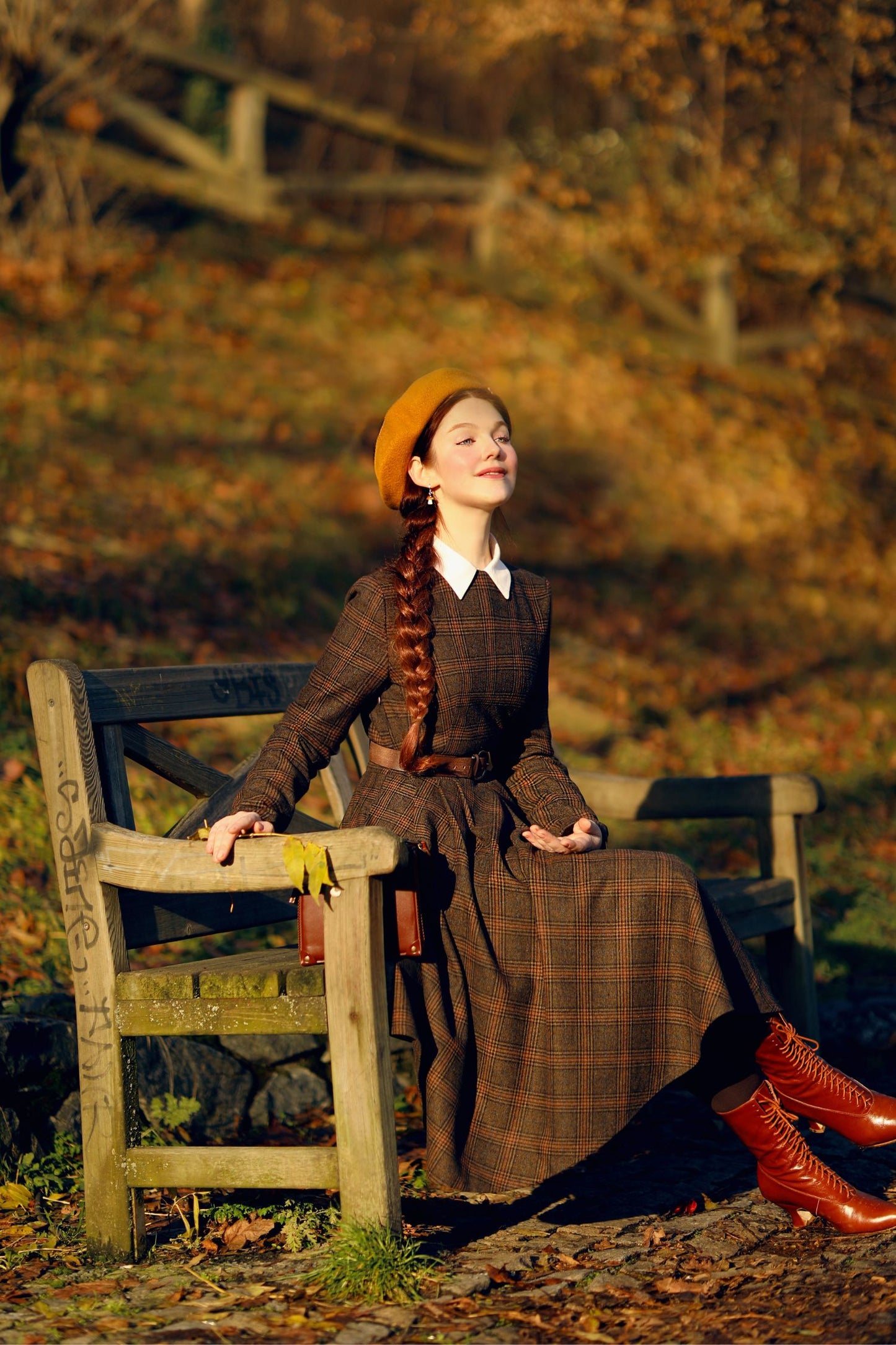 Brown Wool Blend Long Sleeve Plaid Dress – Handmade Retro Winter Style | Xiaolizi 4814