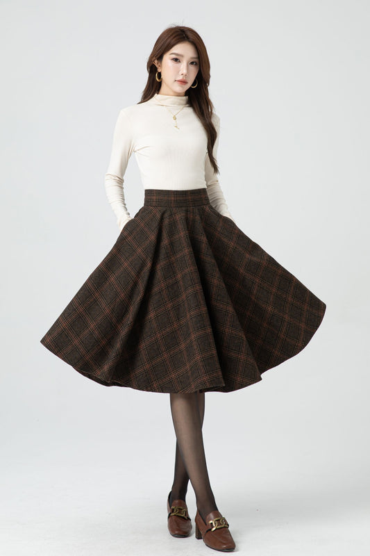 Brown Plaid Wool Midi Skirt – Vintage High Waist Pleated Circle Skirt 5323