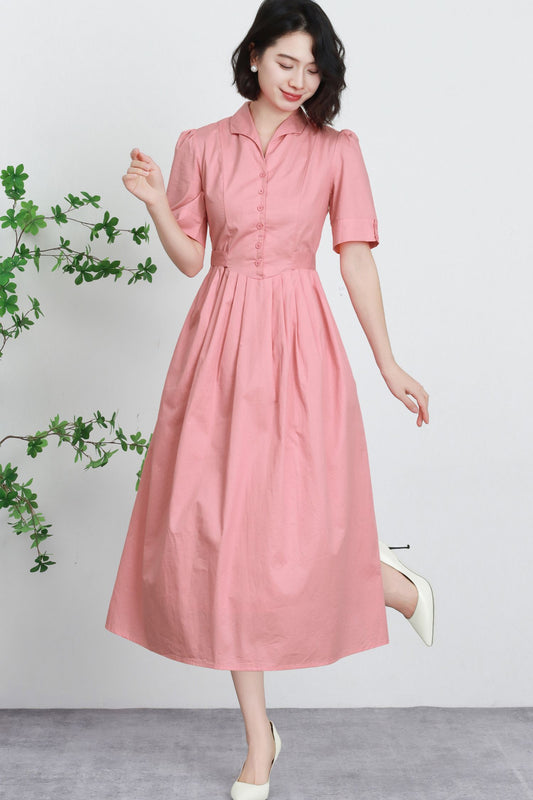 Midi pink linen summer dress women 5734