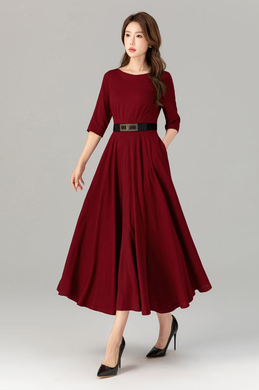 Handmade Red Linen Cotton Midi Dress – Elegant Fit & Flare with Pockets 4908