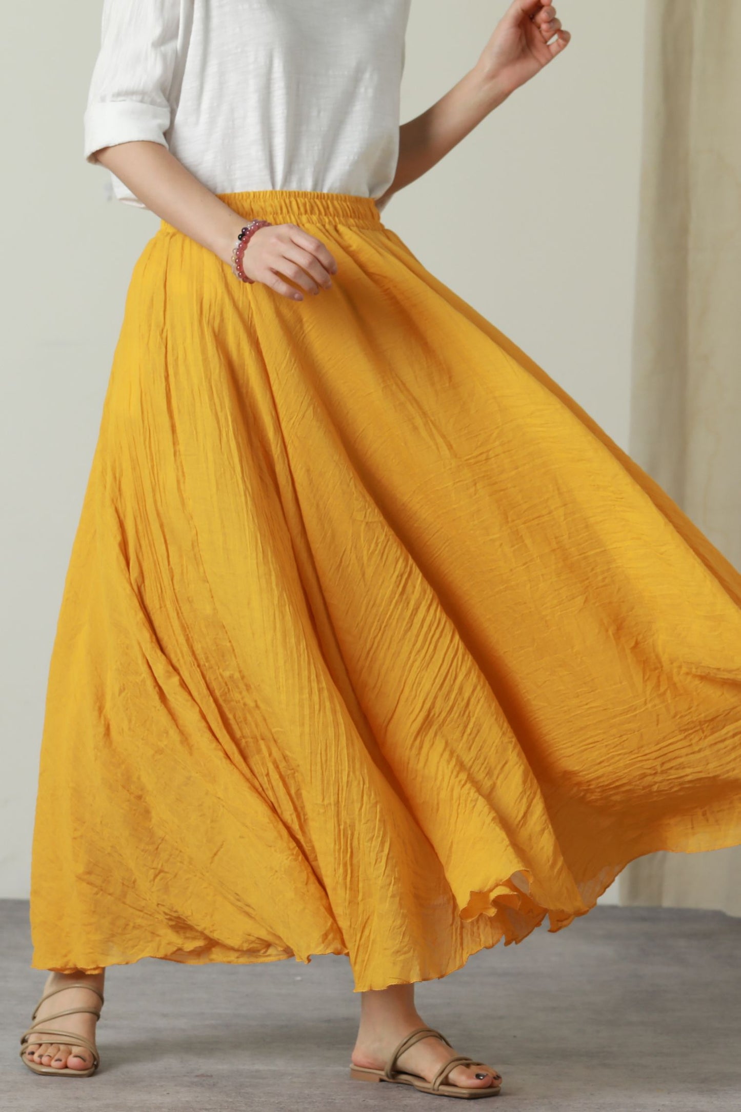 Elastic waist swing long linen skirt women 6179