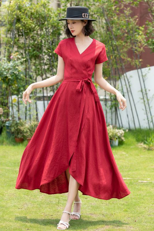 Burgundy Linen Wrap Maxi Dress - A-Line V-Neck with Tie Waist 5202
