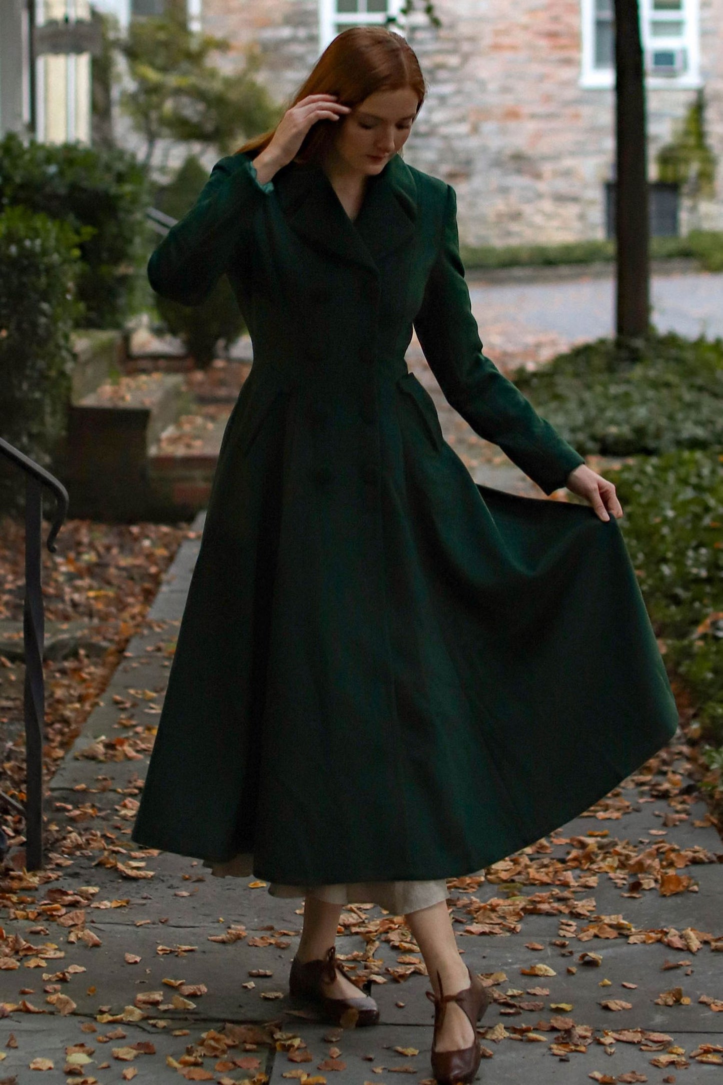 Vintage Forest Green Wool Coat – Double-Breasted Fit & Flare Winter Maxi Overcoat 3227